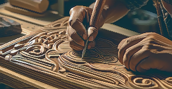 An Indigenous artisan carving a totem pole with intricate details, surrounded by tools and warm light.