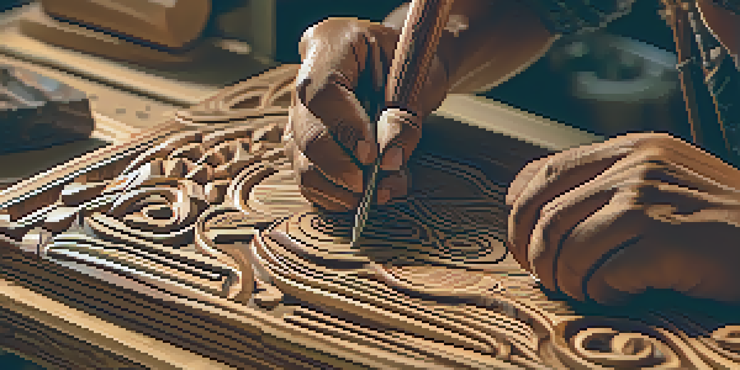 An Indigenous artisan carving a totem pole with intricate details, surrounded by tools and warm light.