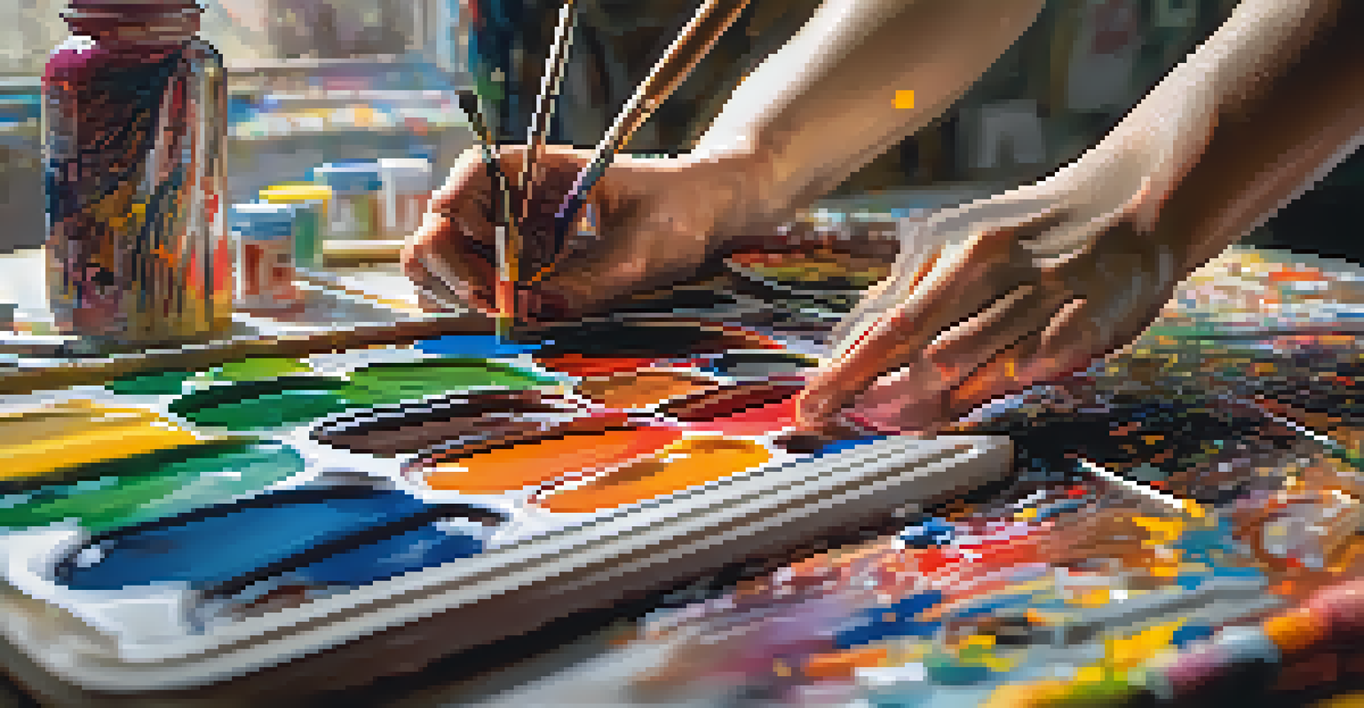 An artist painting a self-portrait, with vibrant colors and art supplies in the background.