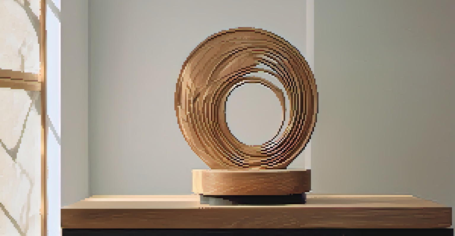 An abstract wooden sculpture symbolizing resilience and growth, displayed on a pedestal.