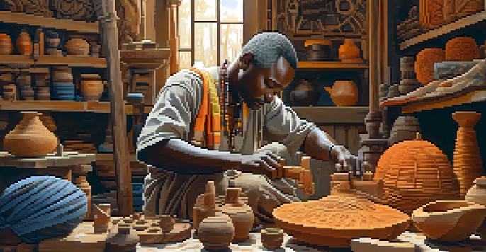 An African artisan diligently carving a wooden sculpture in a bright workshop, with tools and colorful fabrics around.