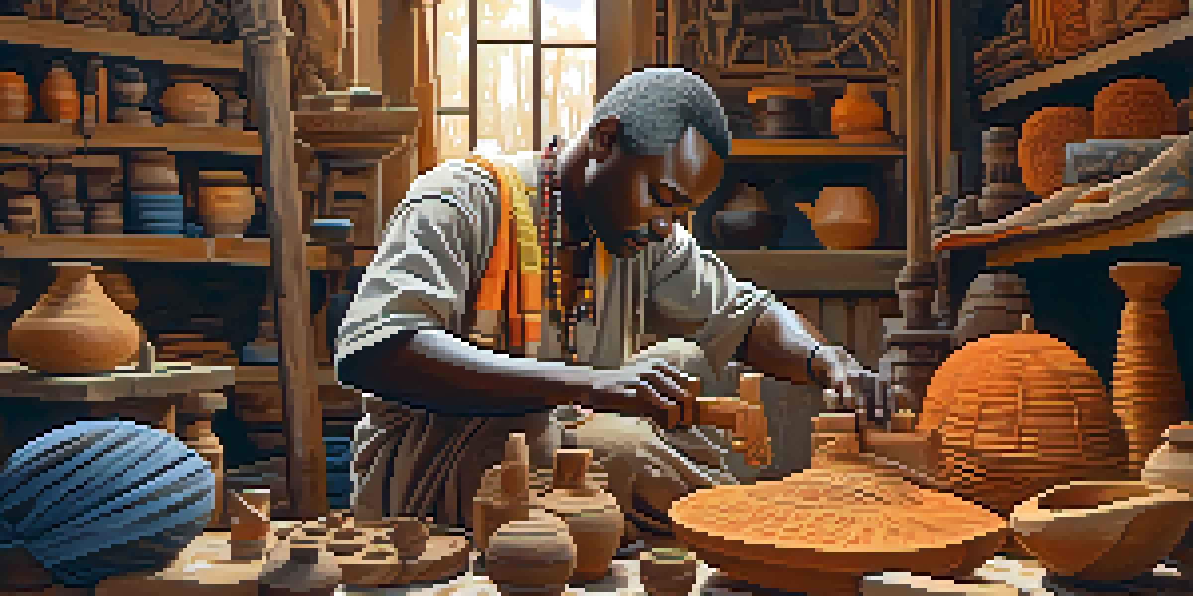 An African artisan diligently carving a wooden sculpture in a bright workshop, with tools and colorful fabrics around.