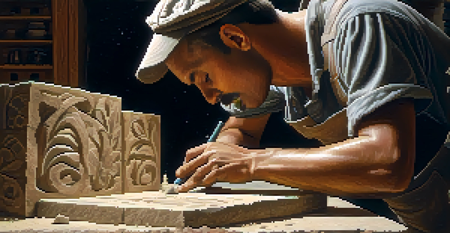 An artist sculpting soapstone with chisels, surrounded by soft dust in a warm light setting.
