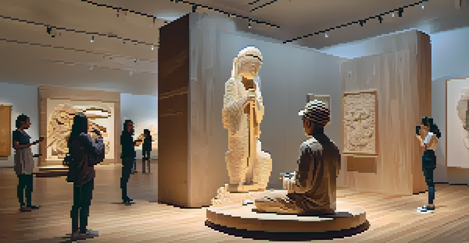A person interacting with a carved wooden sculpture through a smartphone, with animated visuals and sound waves in a softly lit gallery.