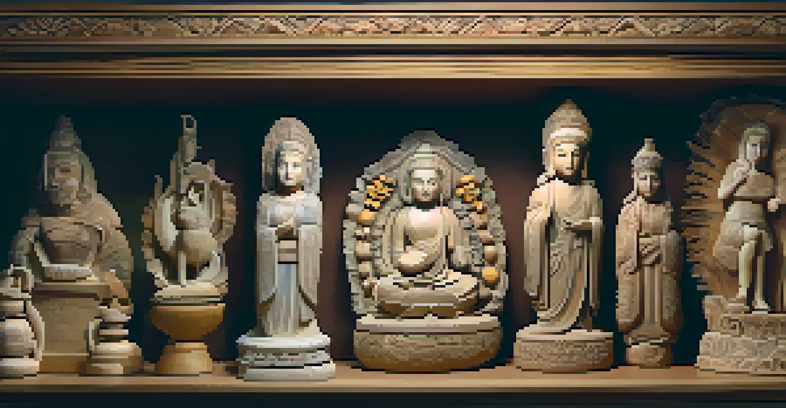 An artistic arrangement of diverse carved sculptures on a wooden shelf, showcasing various styles and techniques.