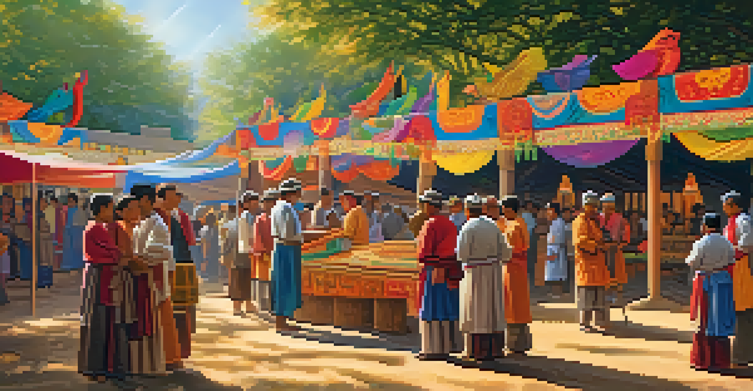 An outdoor festival showcasing traditional carving, with artisans and colorful decorations under sunlight.