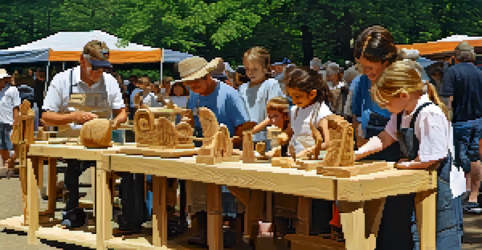 Outdoor wood carving demonstration at a fair, with artists and visitors engaged in the art of carving.