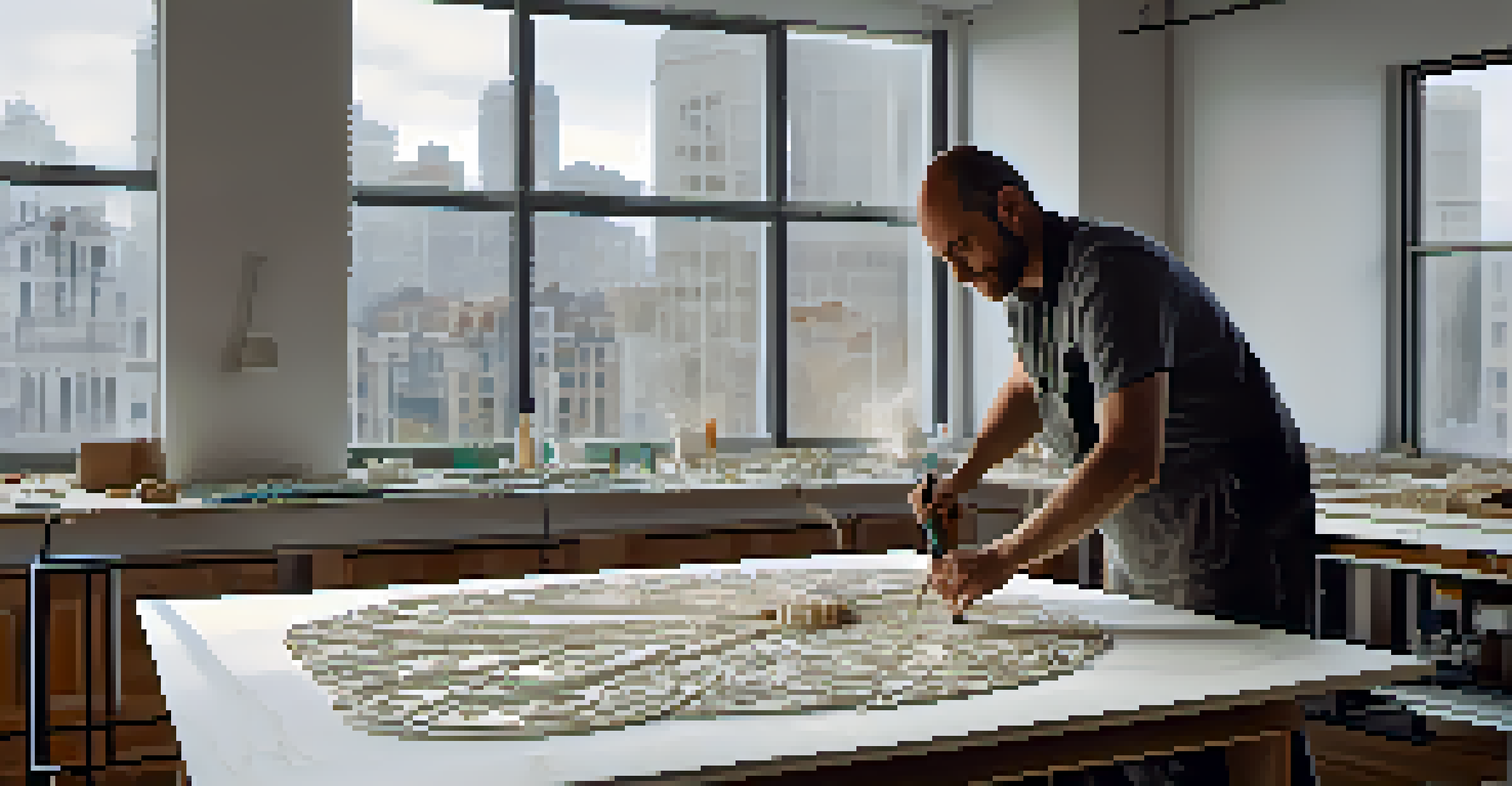 An artist operating a CNC machine to carve marble in a bright studio with city views.