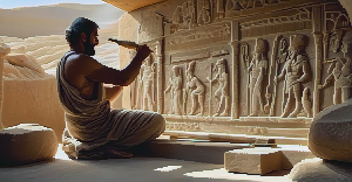 A Mesopotamian craftsman working on a limestone relief, surrounded by carving tools and illuminated by sunlight.