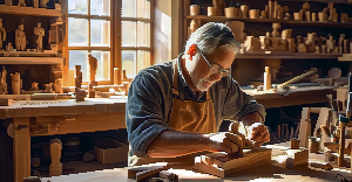 An artisan carving a wooden sculpture in a sunlit workshop, showcasing the wood's texture and tools.