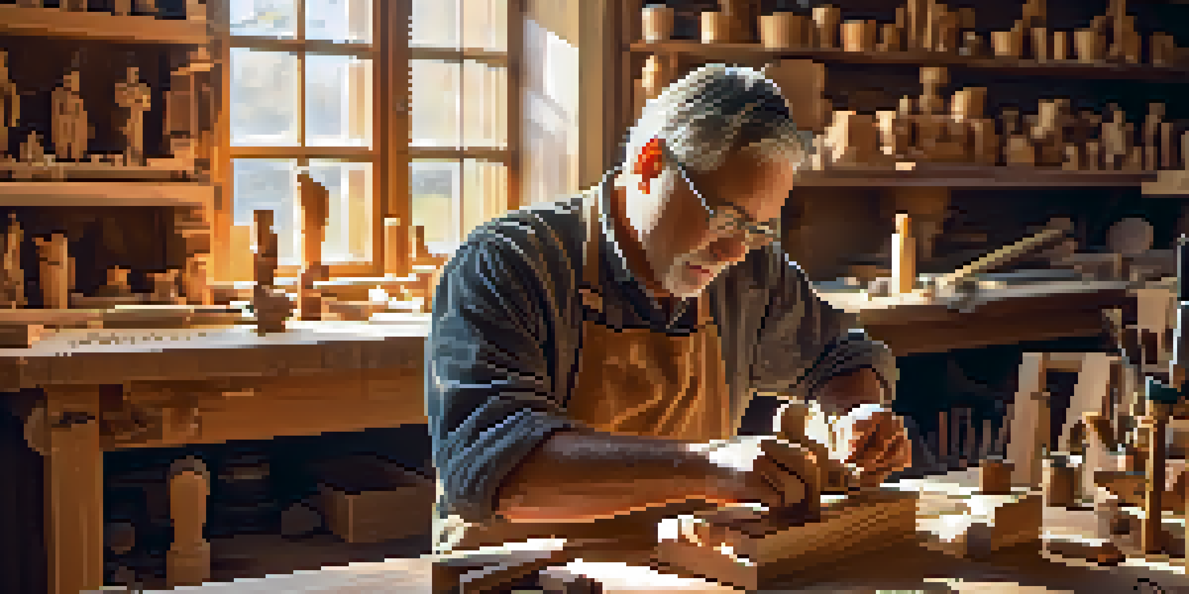 An artisan carving a wooden sculpture in a sunlit workshop, showcasing the wood's texture and tools.