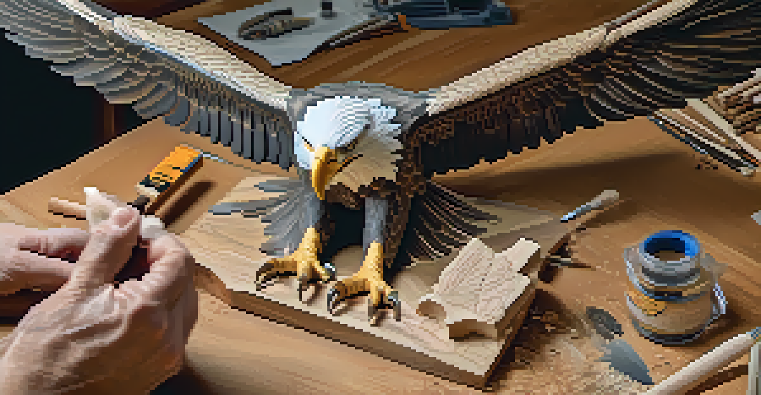 Close-up of an artist's hands carving a detailed eagle from basswood, surrounded by tools and wood shavings.