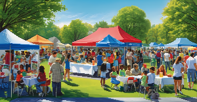 A lively community health fair in a sunny park with families engaging at booths and children playing.