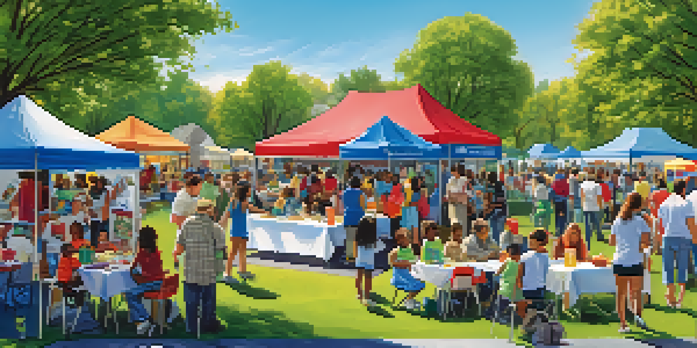 A lively community health fair in a sunny park with families engaging at booths and children playing.