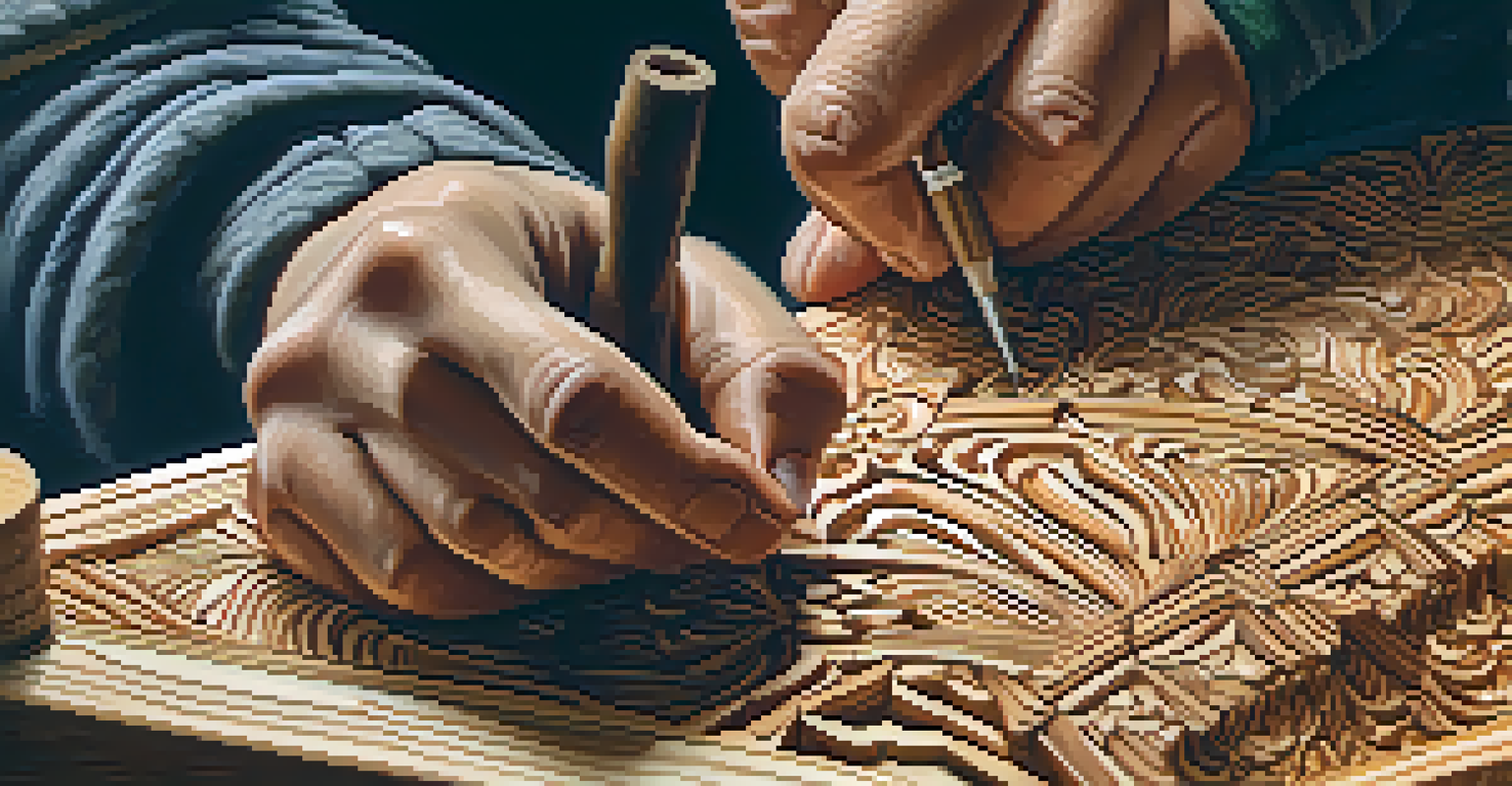 An artisan's hands carving patterns into wood, highlighting craftsmanship and flying wood shavings.