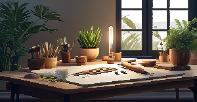 A peaceful carving workspace with wooden tools and a carved piece of wood, surrounded by soft lighting and a plant.