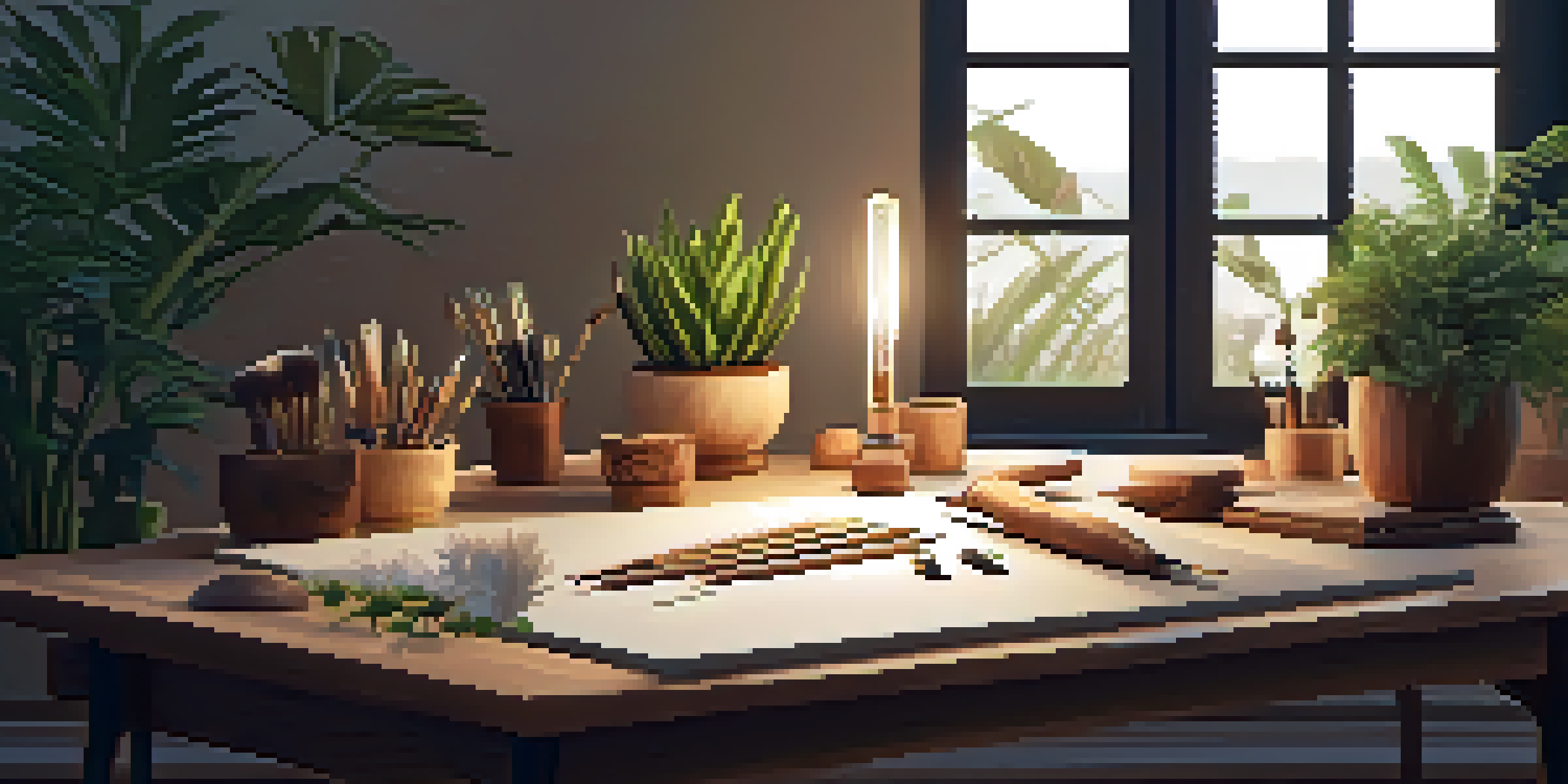 A peaceful carving workspace with wooden tools and a carved piece of wood, surrounded by soft lighting and a plant.