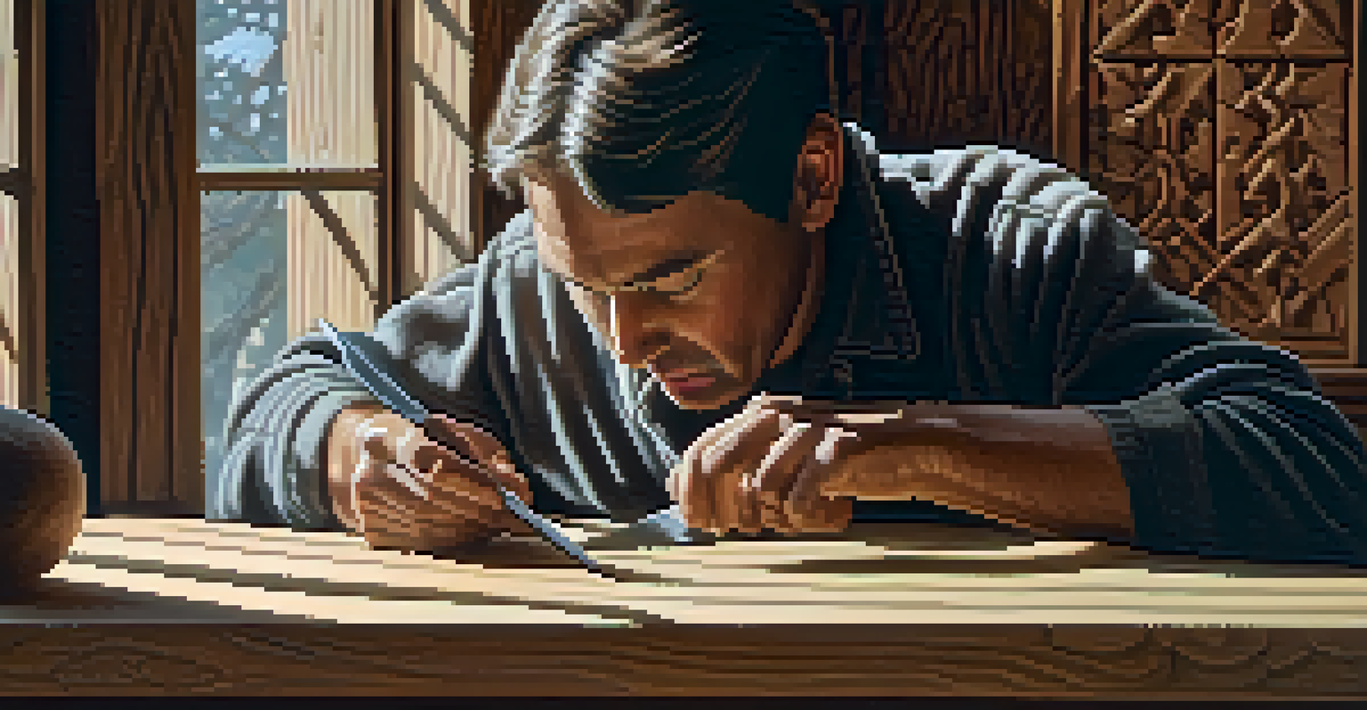 An artist carving a wooden figure with intense focus, hands guiding a carving knife.