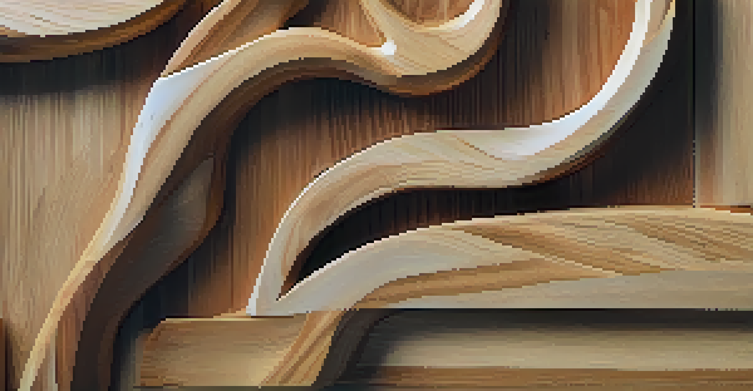 A close-up of a carved sculpture made from reclaimed wood, showcasing its unique textures and colors in soft lighting.