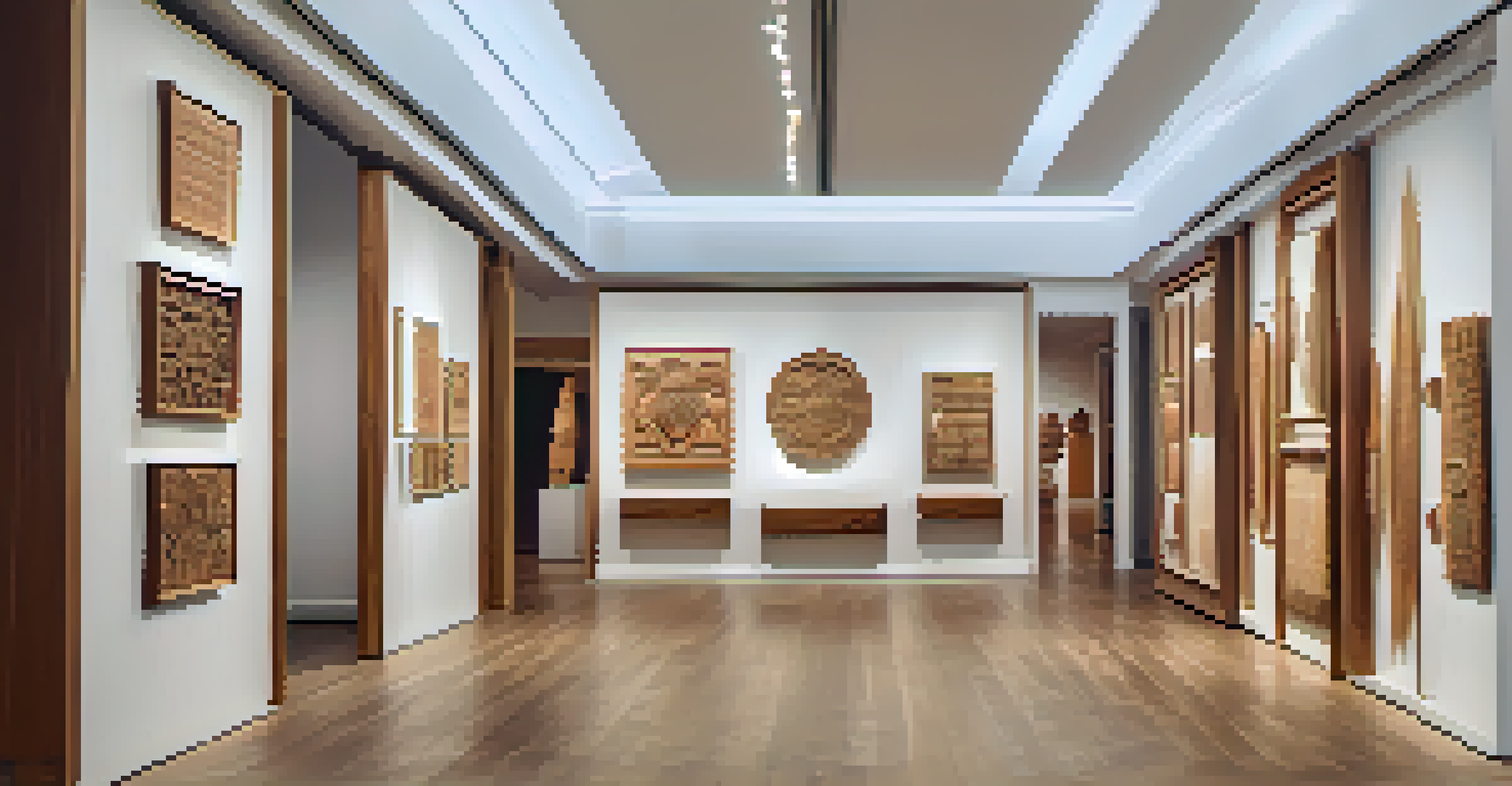 A gallery display of various small carved wooden art pieces on a hallway wall, with warm lighting highlighting each design.