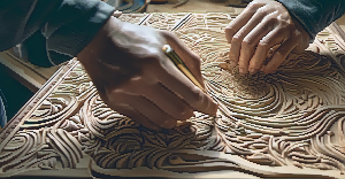 An artist's hands carving a detailed sculpture from wood, with wood shavings around and warm light highlighting the intricate patterns.