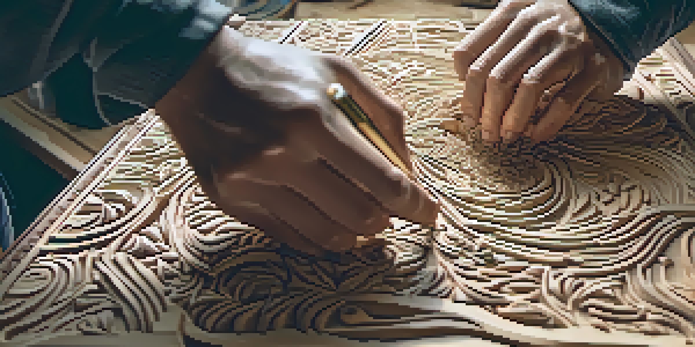 An artist's hands carving a detailed sculpture from wood, with wood shavings around and warm light highlighting the intricate patterns.