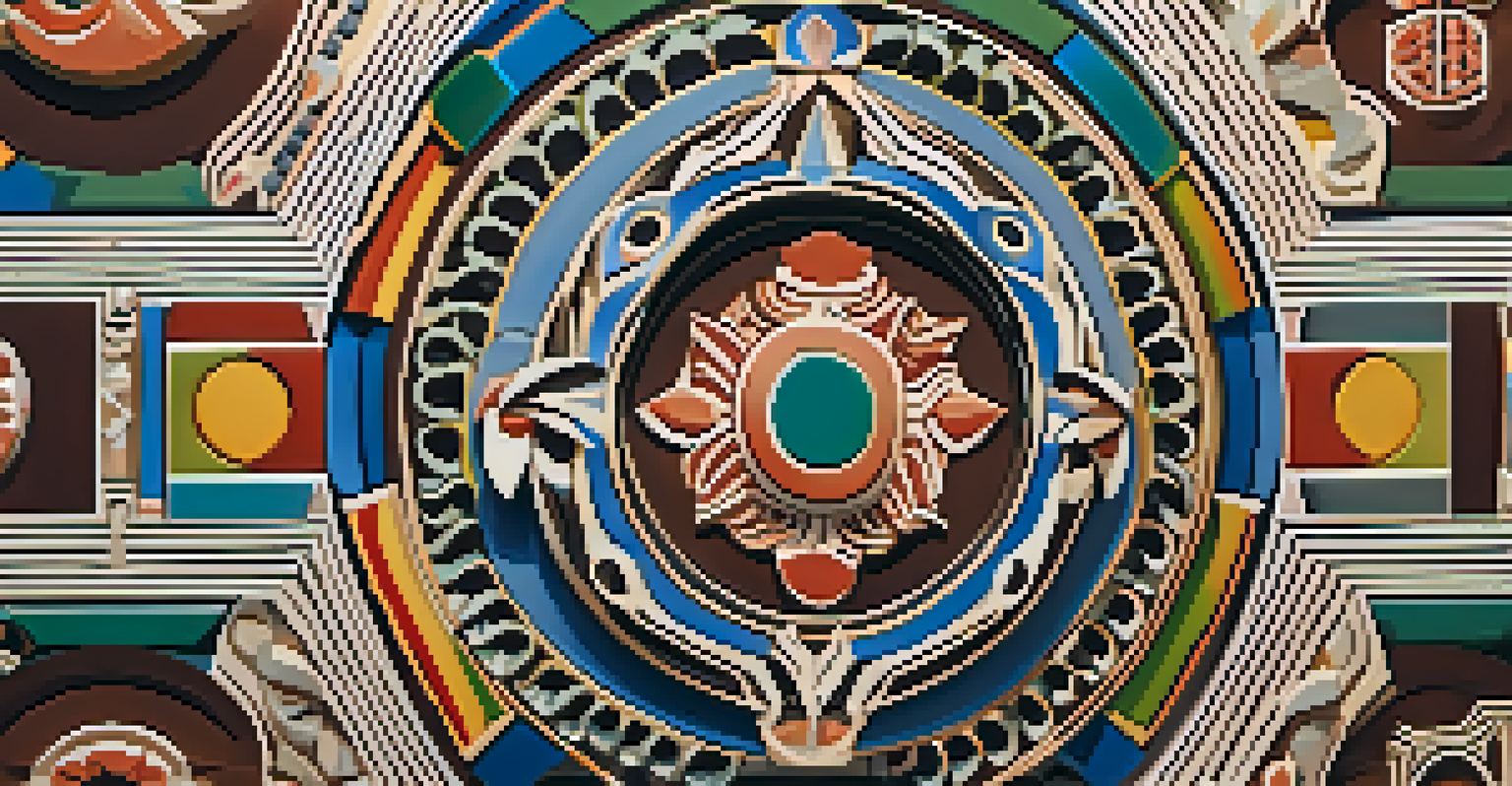An abstract arrangement of colorful traditional carving motifs in a circular layout on a textured background.