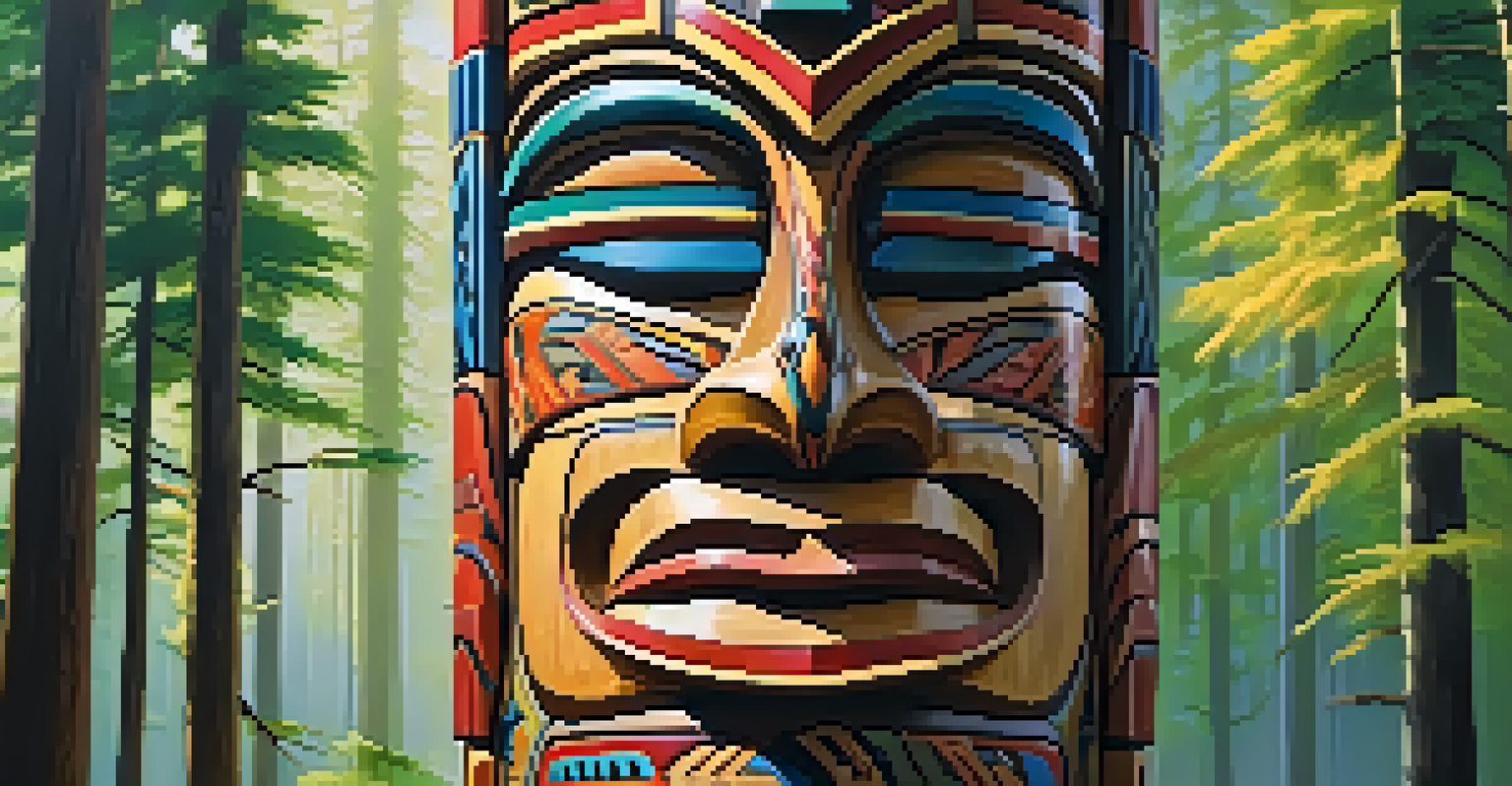 A close-up of a colorful carved totem pole in a forest, displaying intricate patterns and vibrant colors.