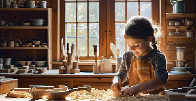 A child wearing safety gear carves a wooden spoon in a bright workshop, with tools and wood shavings around.