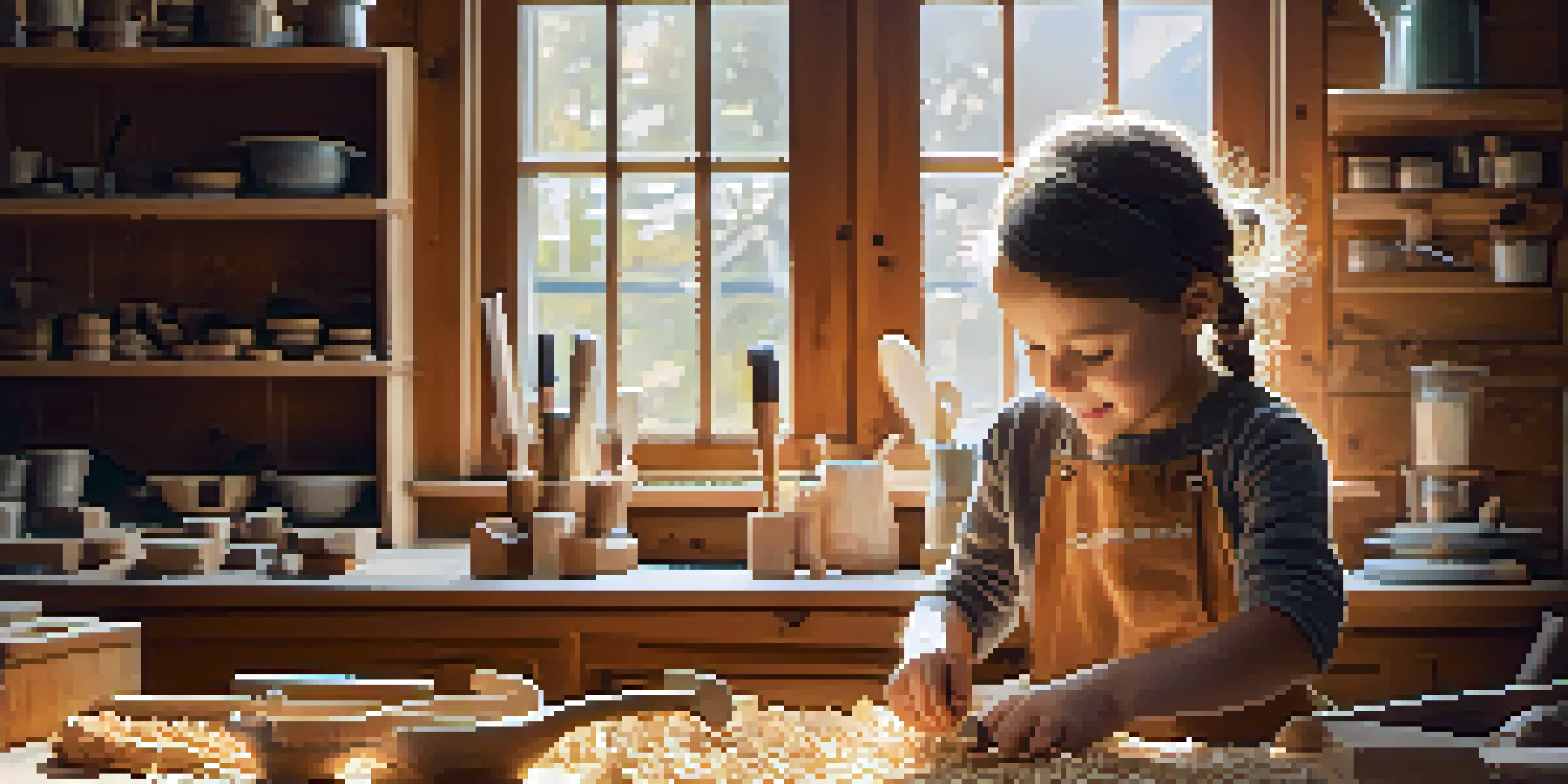 A child wearing safety gear carves a wooden spoon in a bright workshop, with tools and wood shavings around.