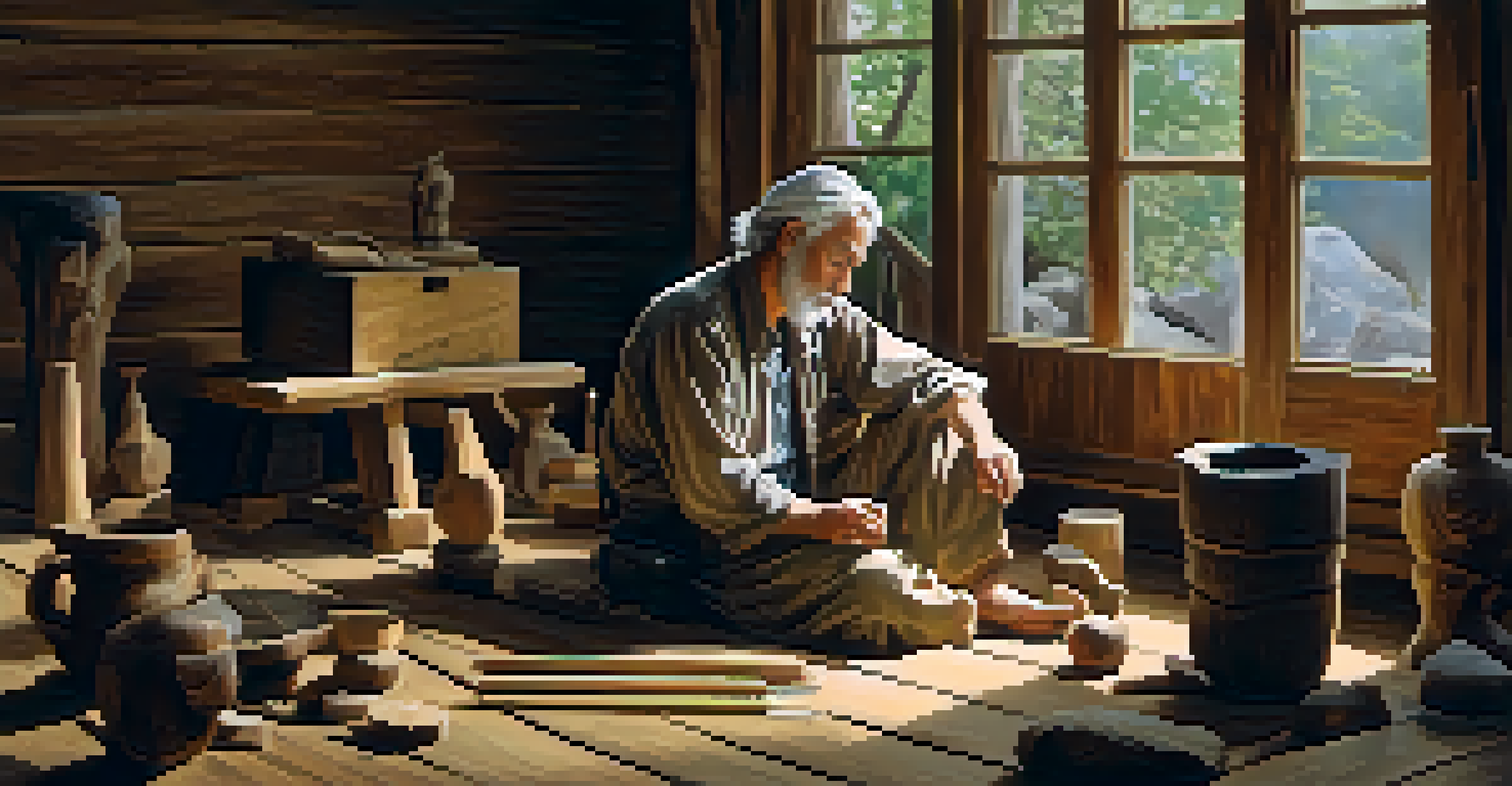A focused artist carving wood, surrounded by sculptures, sitting on a rustic floor with warm lighting creating an intimate ambiance.