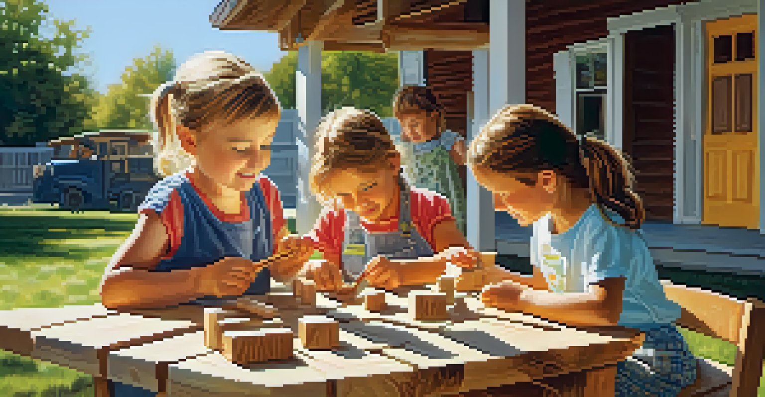Children happily carving wooden animal figures at a picnic table, with parents supervising and a bright outdoor setting.
