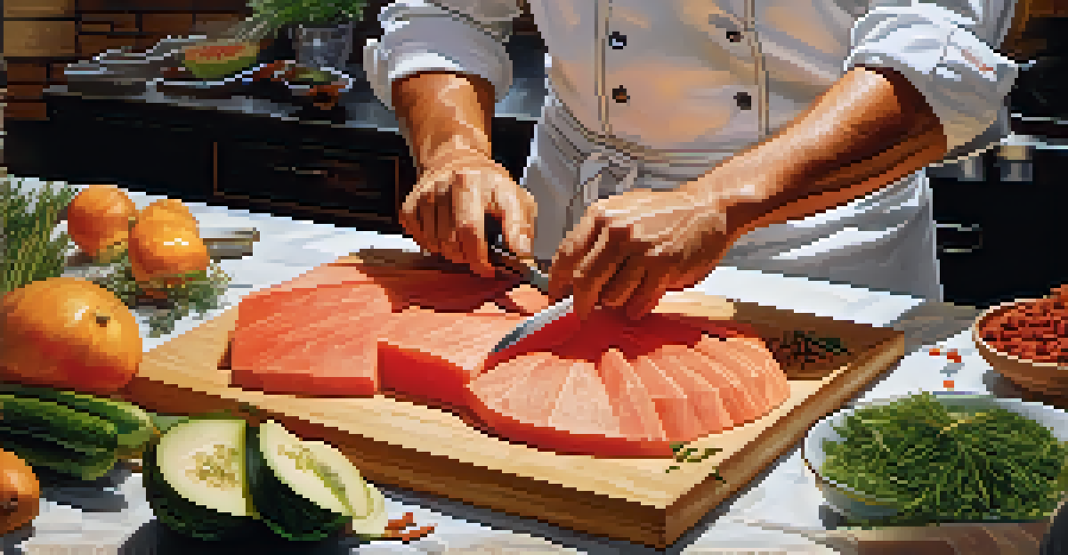 A chef demonstrating safe food carving techniques with a claw grip while cutting a melon in a well-lit kitchen.