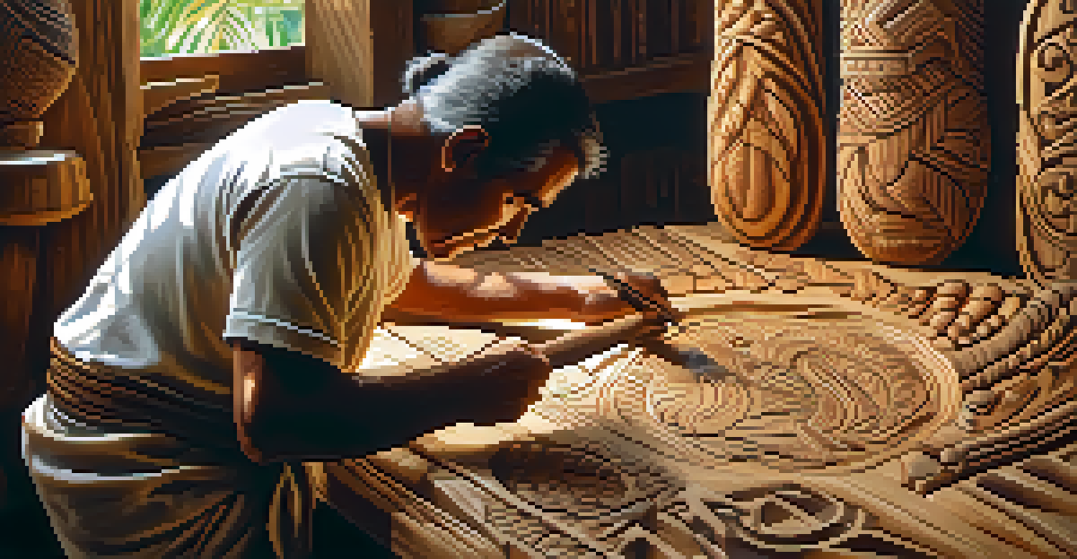 An artisan skillfully carving a Polynesian design into wood, using traditional tools in a well-lit workshop filled with completed carvings.