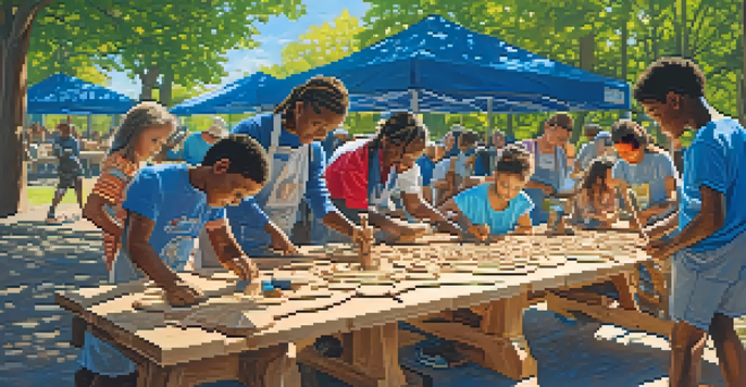 A diverse group of people participating in an outdoor carving event, working on wooden sculptures together under a sunny sky.