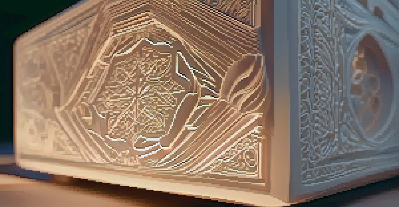 A close-up of a virtual carving tool sculpting patterns in a digital stone block, with glowing light effects in the background.