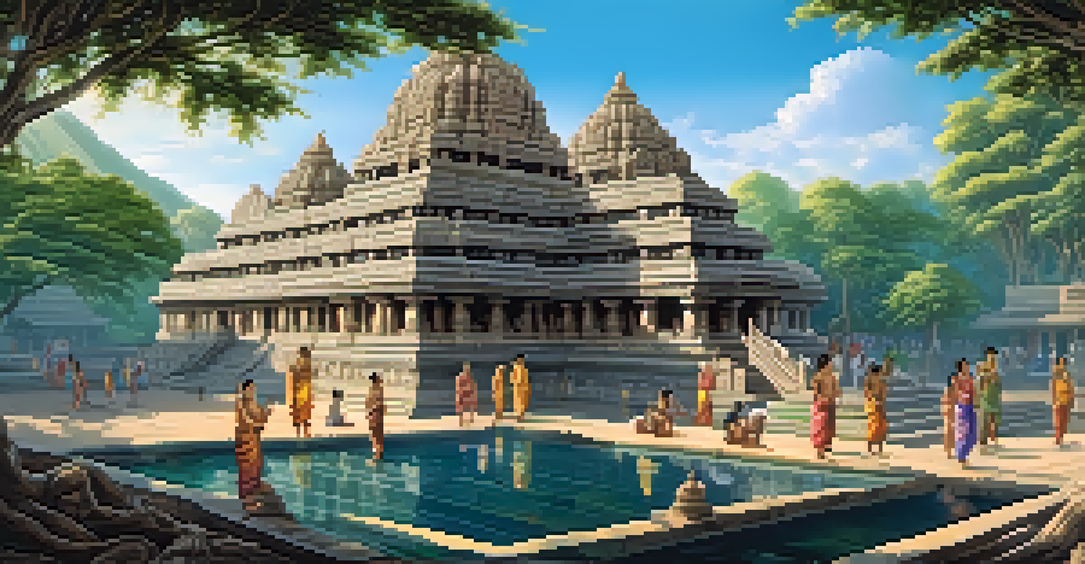 An ancient stone temple with intricate carvings from the Ramayana surrounded by greenery, with visitors admiring the artwork under a clear blue sky.