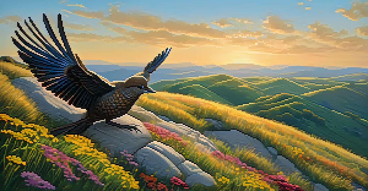 A stone sculpture of a bird in flight on a hill, surrounded by wildflowers and illuminated by sunset.