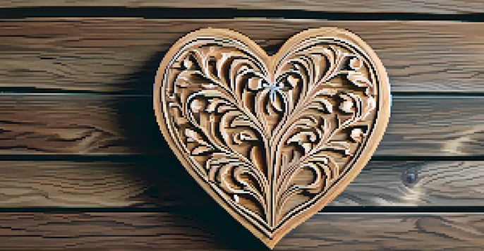 A wooden heart keepsake with floral carvings on a rustic table, illuminated by warm sunlight.