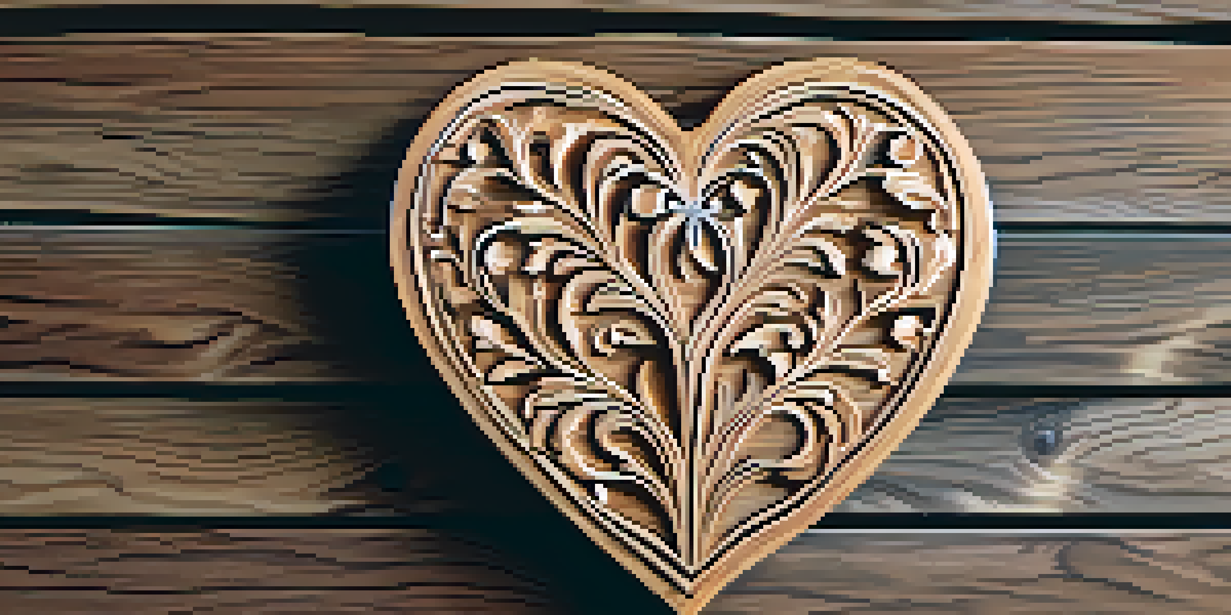 A wooden heart keepsake with floral carvings on a rustic table, illuminated by warm sunlight.