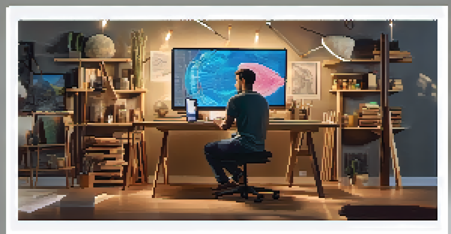 An artist working on a digital carving program at a modern workstation, with a tablet displaying 3D designs and wood samples around them.