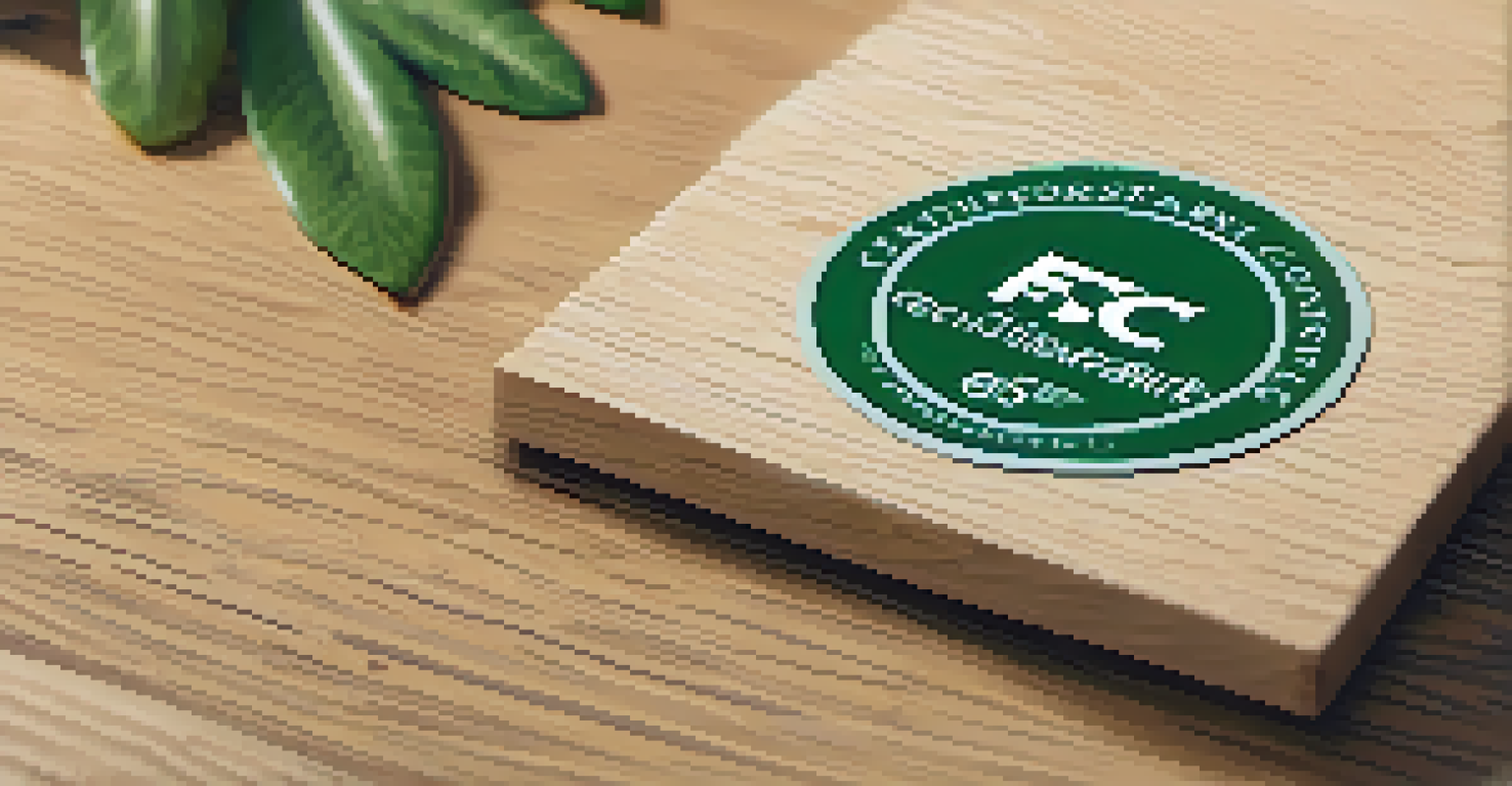 A close-up view of a certification label on a carved artwork, featuring the FSC logo, on a wooden surface with natural elements in the background.