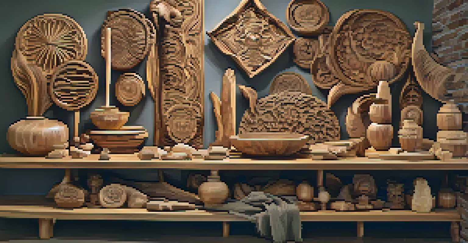 A collection of diverse wood carvings on a rustic table, showcasing various techniques and styles, illuminated by warm light.