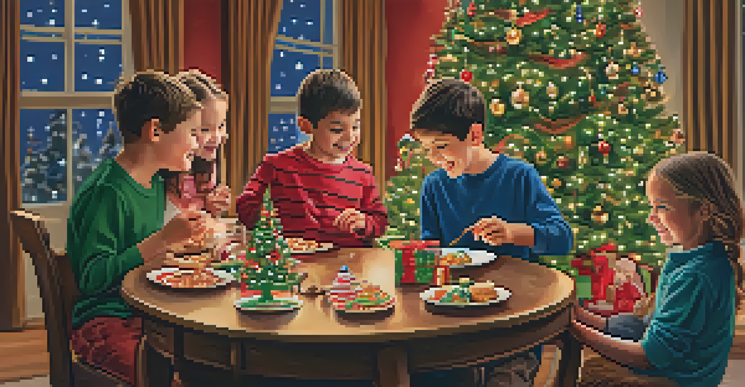 A family with children proudly displaying their carved holiday ornaments in front of a decorated Christmas tree.