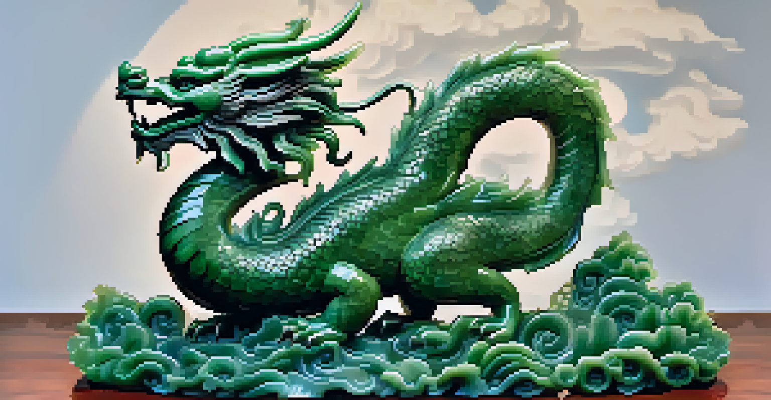 An intricately carved jade dragon on a wooden pedestal, illuminated by soft lighting.