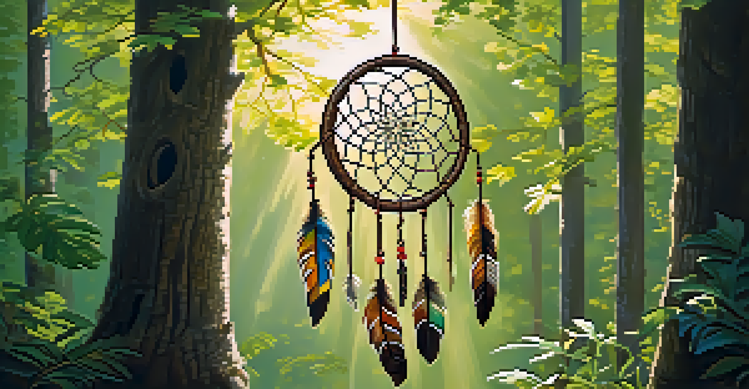 A colorful dreamcatcher carving hanging in a forest, illuminated by sunlight filtering through the leaves.