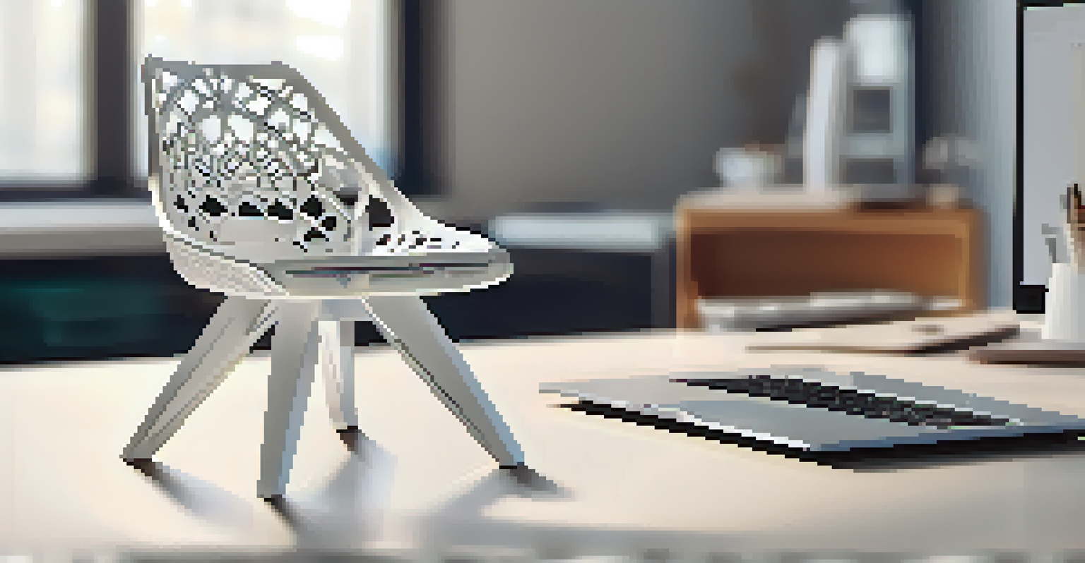 A 3D printed chair model with unique patterns on a minimalist table, with design software open on a laptop and sketches in the background.
