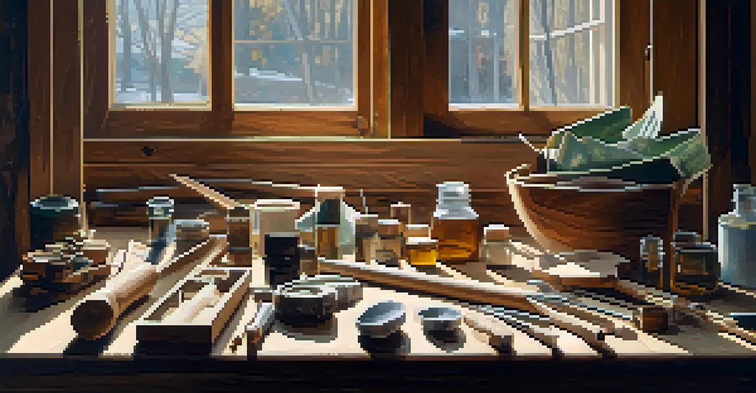 An artist's workshop with carving tools and a partially carved wooden piece, featuring a mix of textures, illuminated by natural light.