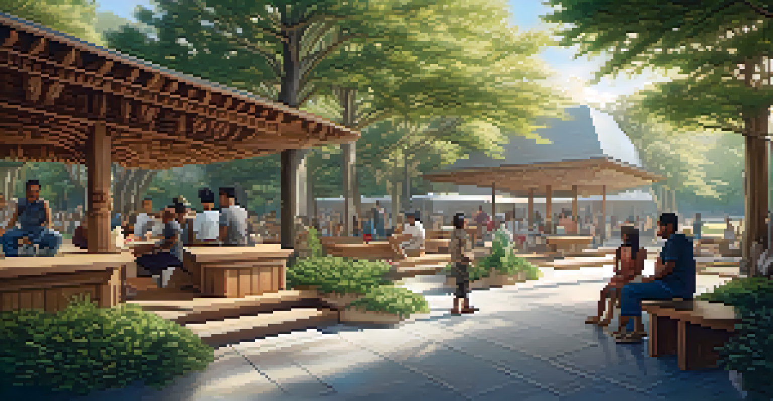 A public space with community-inspired carvings, featuring people gathering and enjoying the environment.