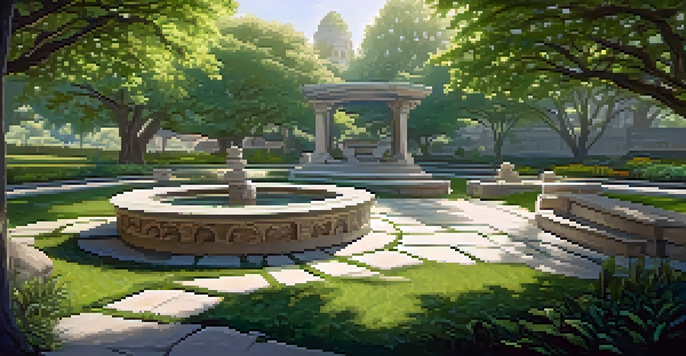 A peaceful park scene with carved stone benches and pathways, illuminated by sunlight filtering through trees.